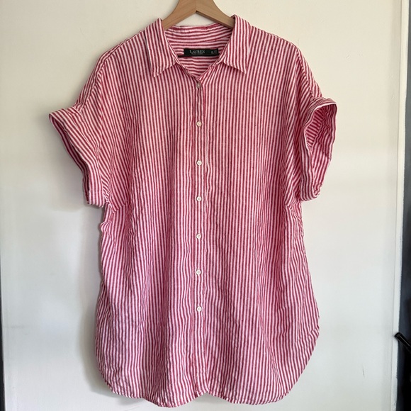 Lauren Ralph Lauren 100% Linen Shirt Tunic Top 2X Red White Stripe Loose Fit - Picture 1 of 7